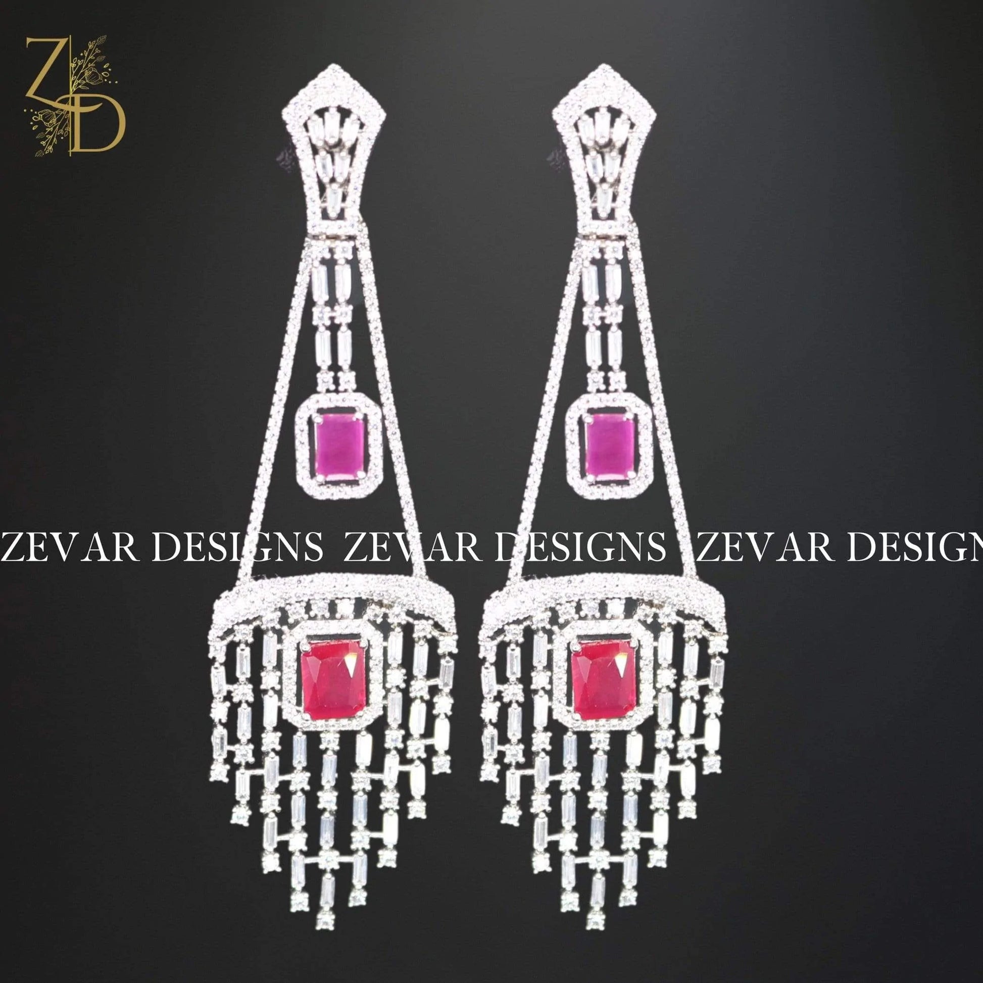 Zevar Designs Zircon Earrings Zirconia 2 in 1 Earrings in Ruby Red and White Rhodium