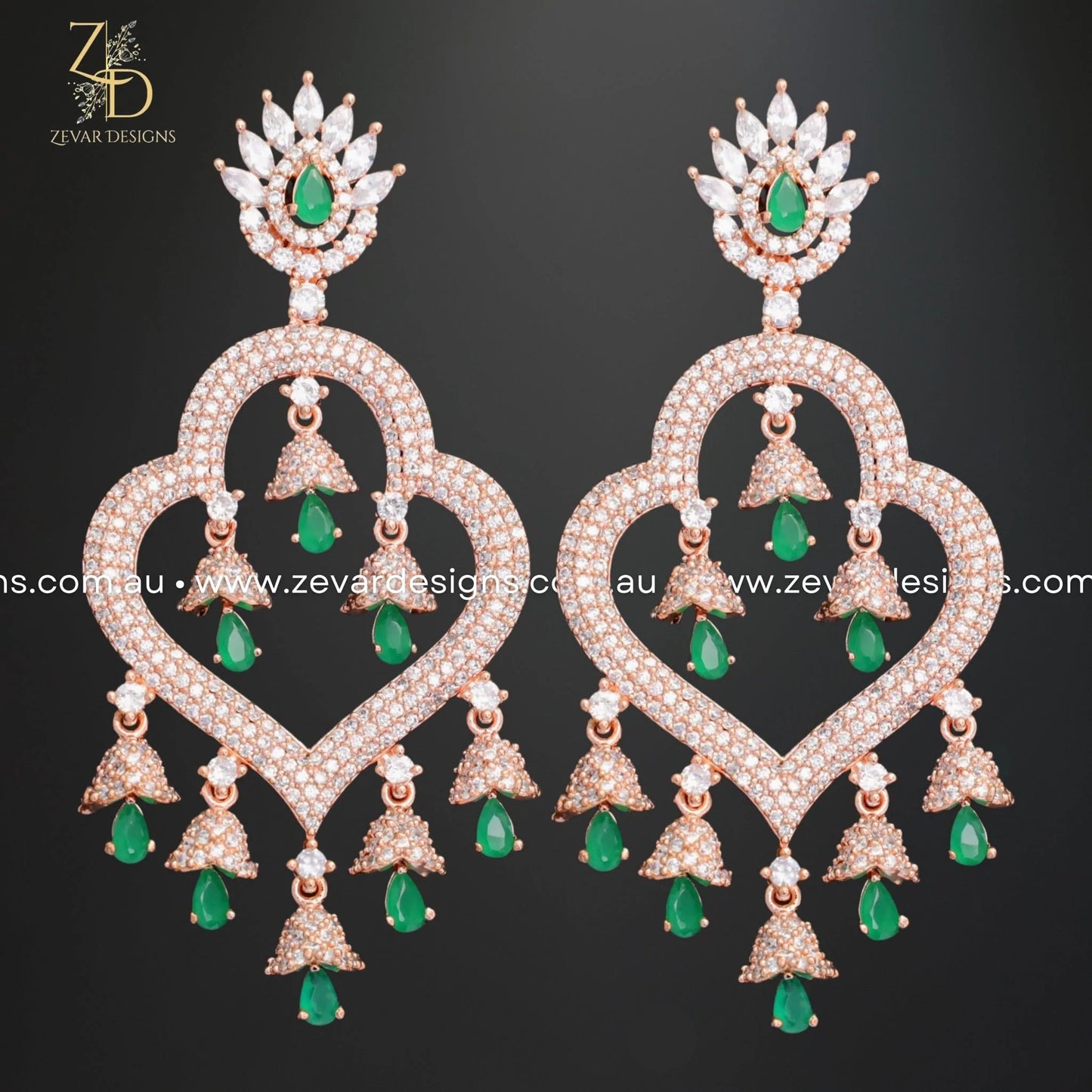 Zevar Designs Indo-Western Earrings Zirconia Earrings -Rose Gold Finish with Green Drops