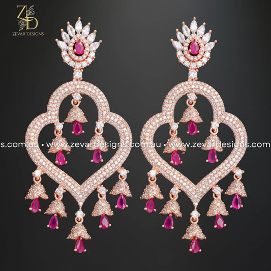 Zevar Designs Indo-Western Earrings Zirconia Earrings - Rose Gold Finish with Red Drops